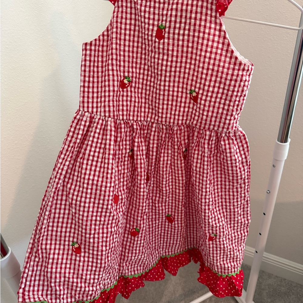 Rare Editions Red Gingham Strawberry Embroidered Dress